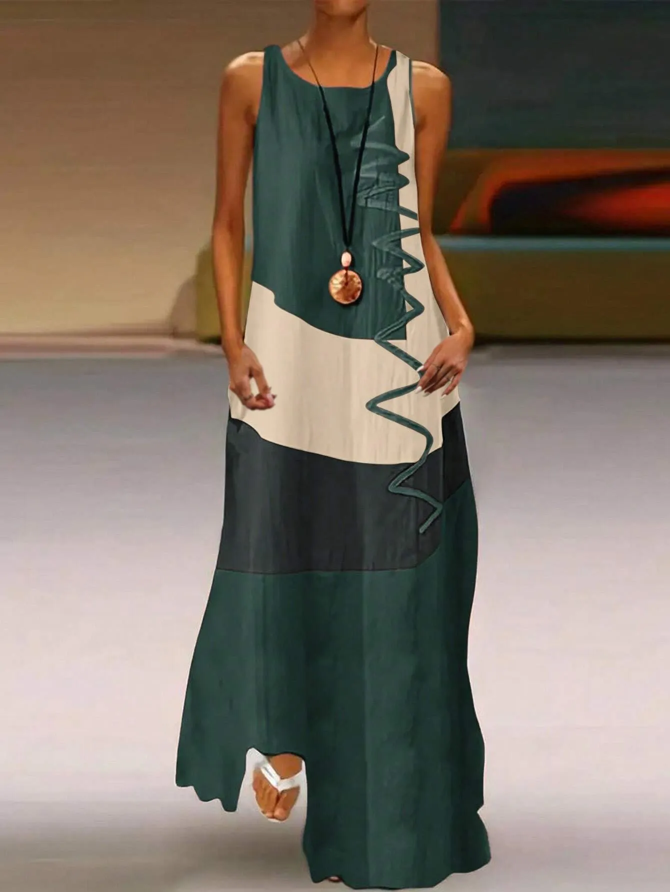 Women's Summer Colorblock Round Neck Sleeveless Maxi Casual Shift Dress