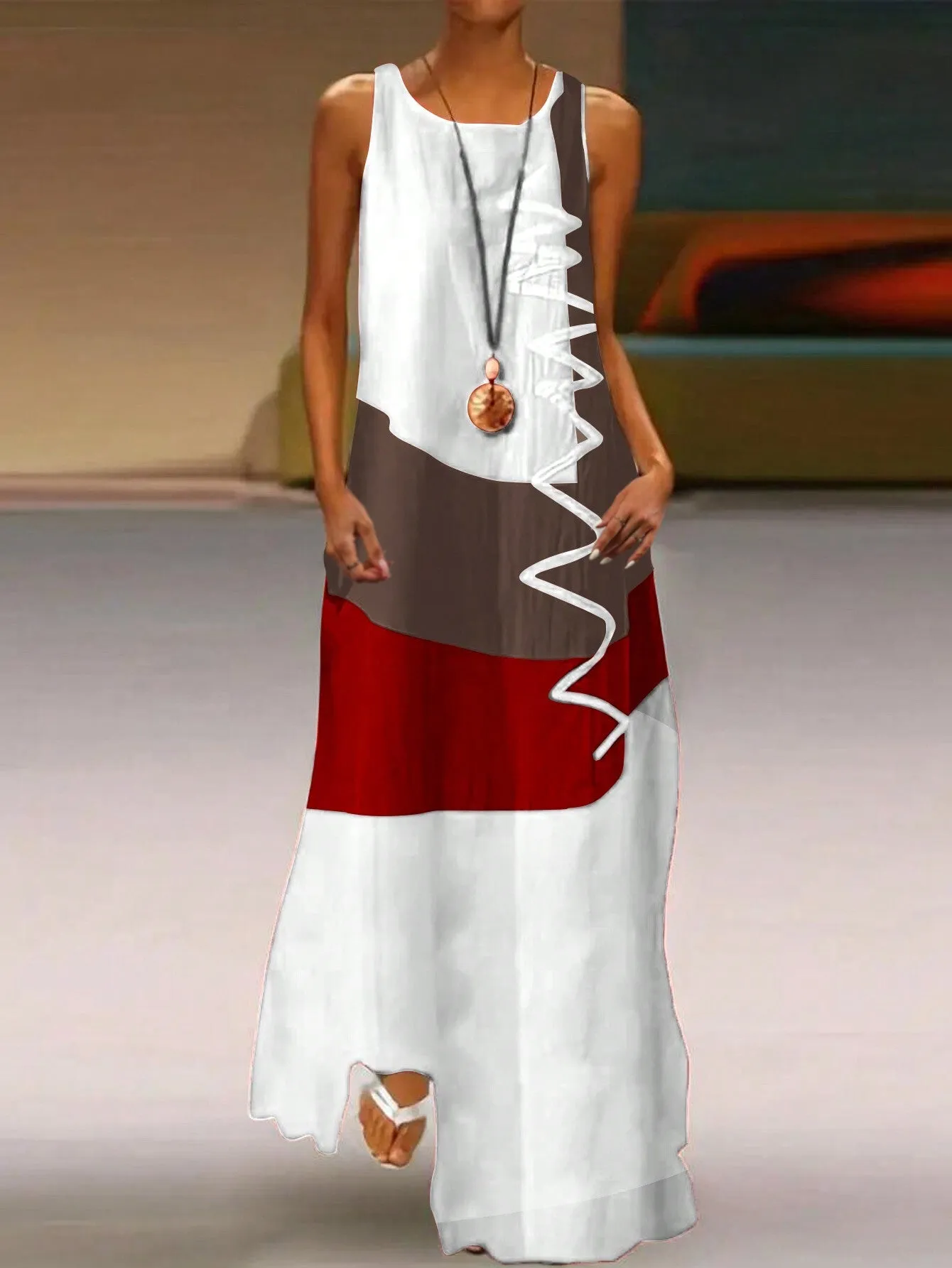 Women's Summer Colorblock Round Neck Sleeveless Maxi Casual Shift Dress