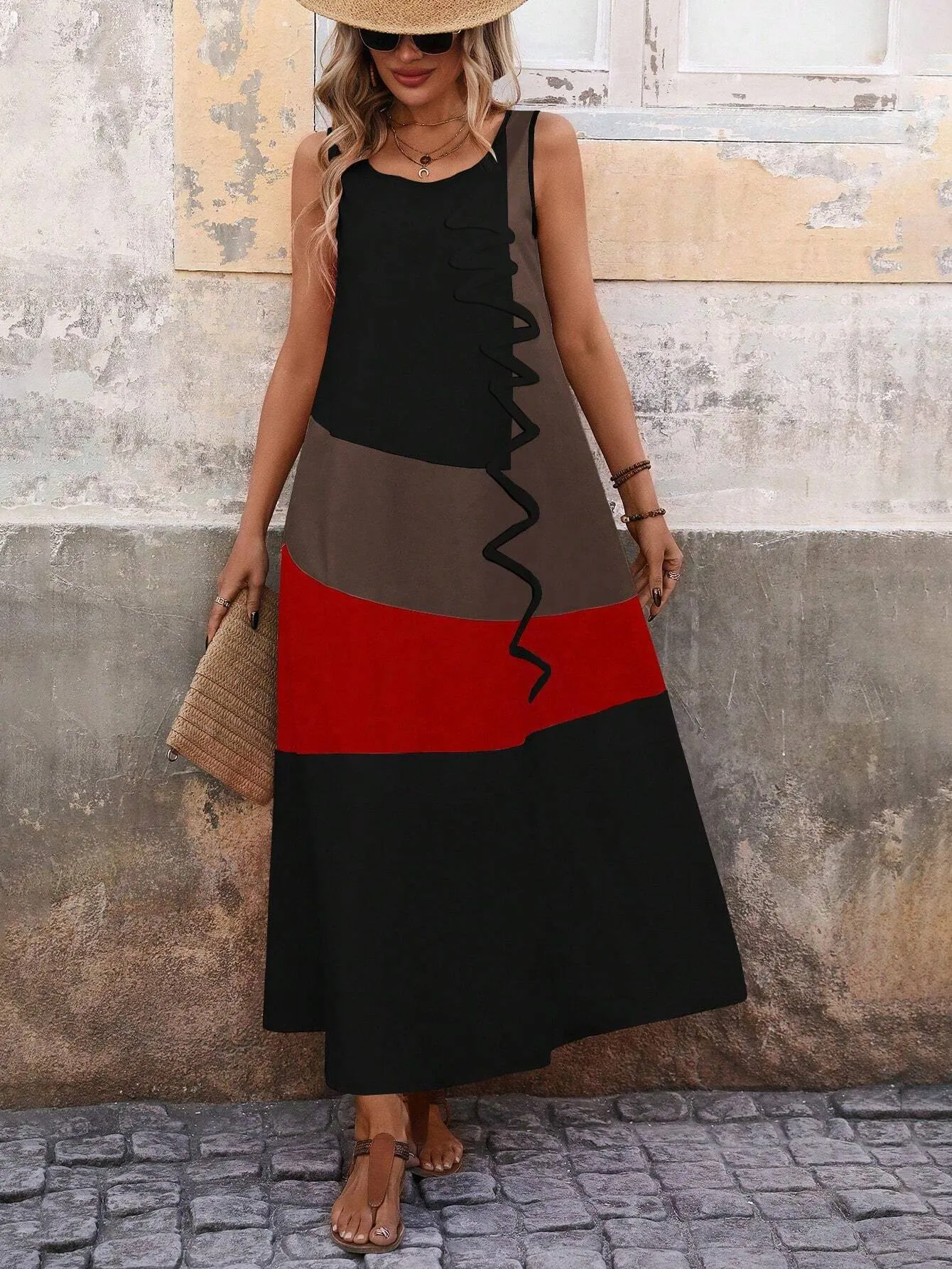 Women's Summer Colorblock Round Neck Sleeveless Maxi Casual Shift Dress