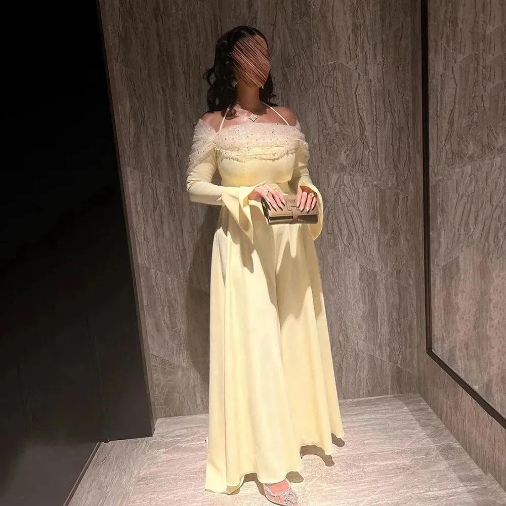 Yellow Evening Dresses Chiffon Off The Shoulder Pleats Prom Dresses Arabic Women's Formal Party Dresses