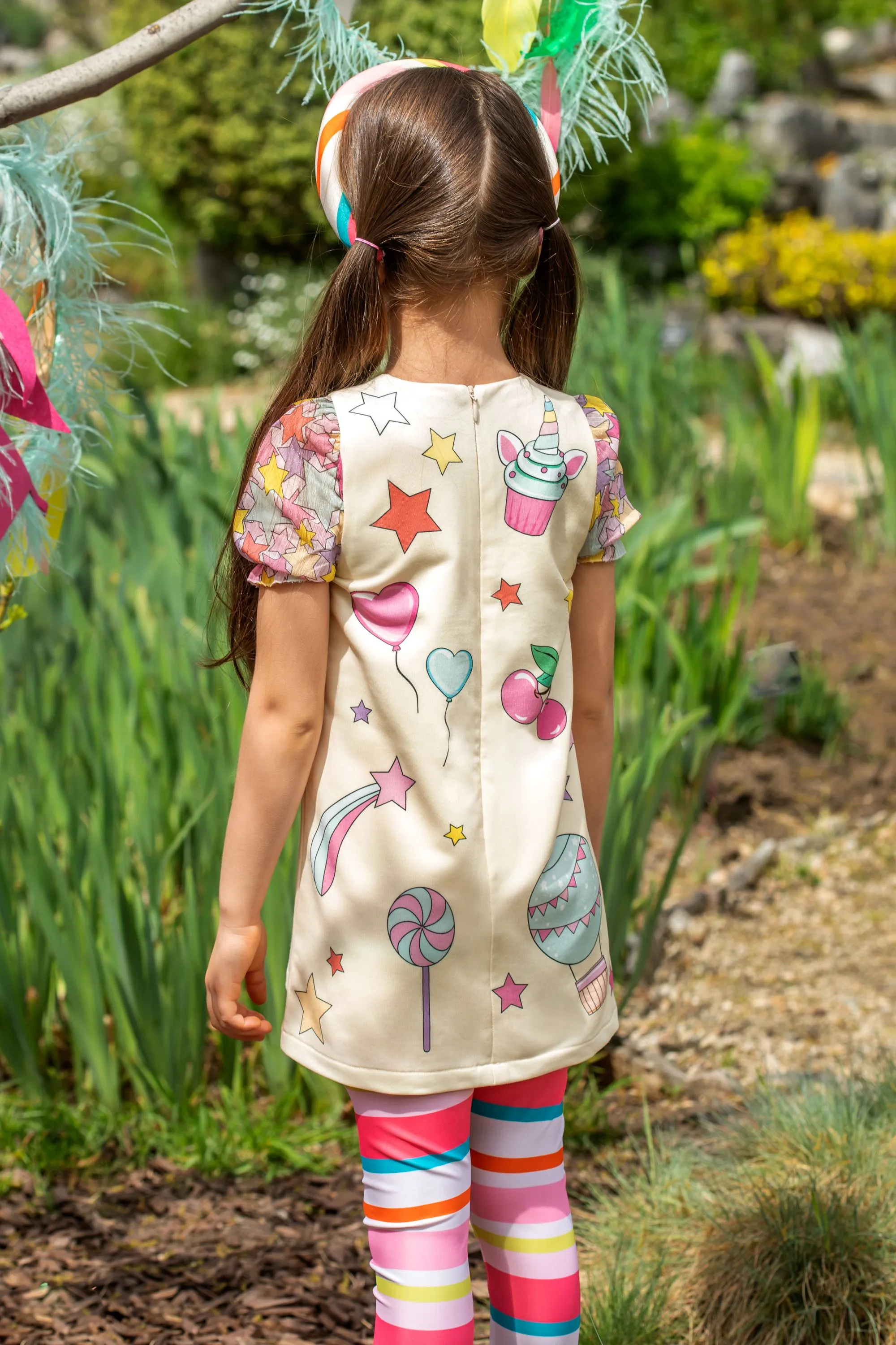 Yellow jersey tunic dress with unicorn with crystals