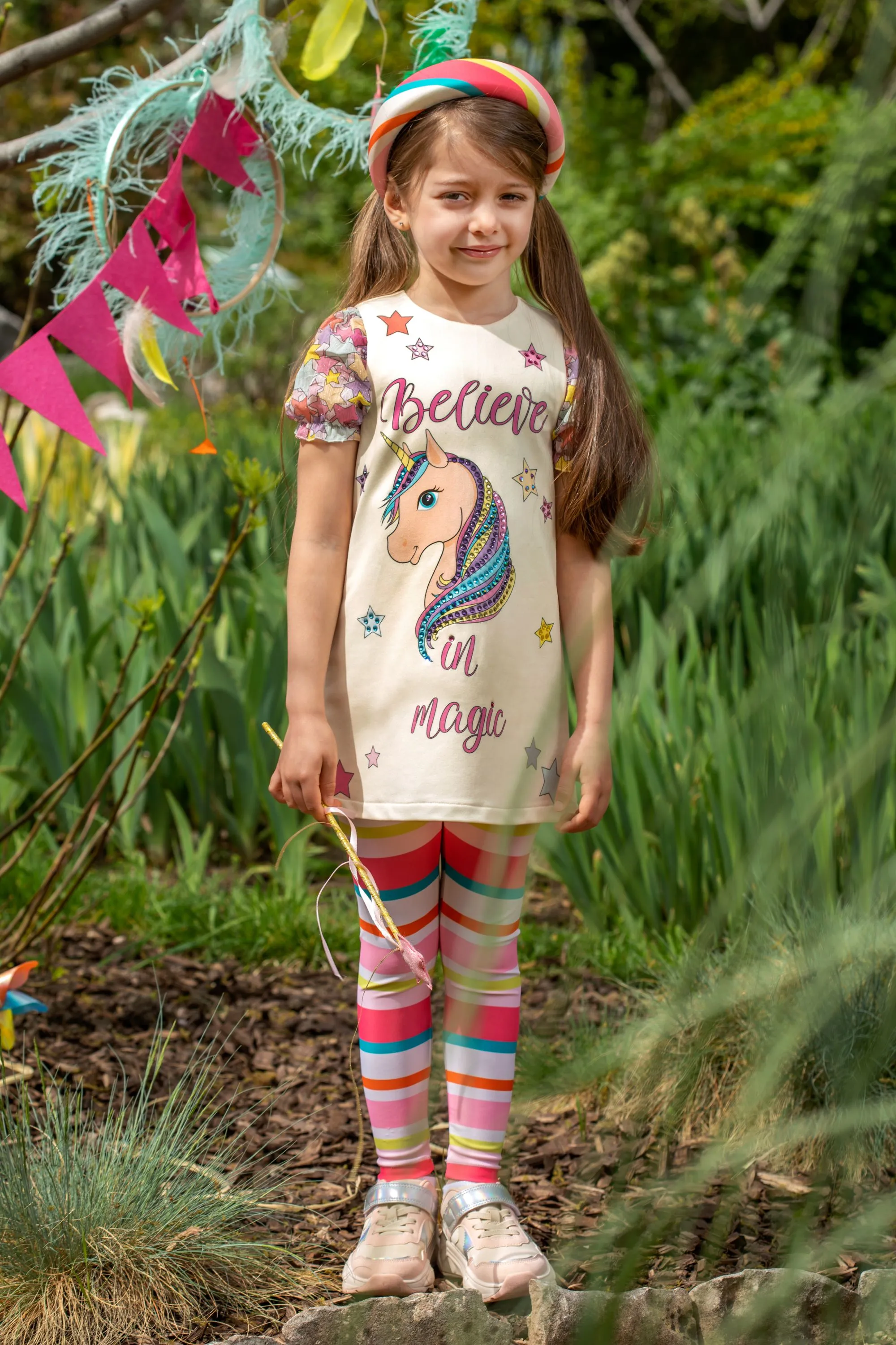 Yellow jersey tunic dress with unicorn with crystals
